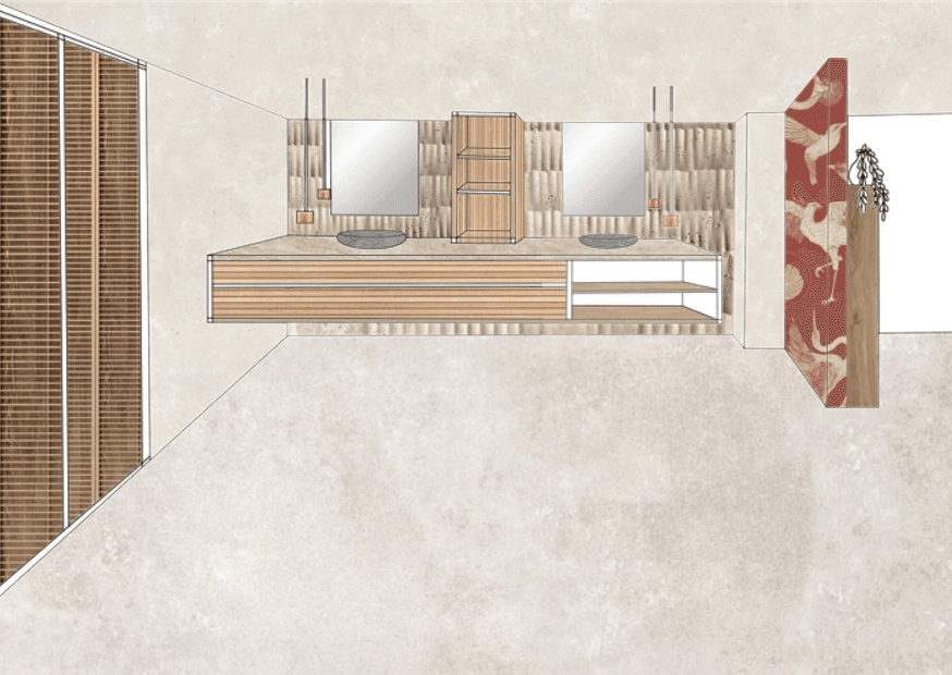 Propuesta espacial del interior con materiales naturales y luz cálida