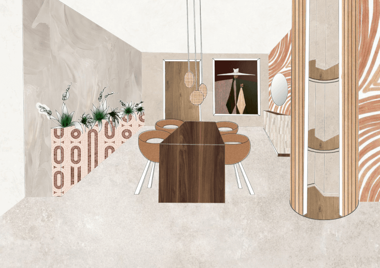 Espacio proyectado con una composición cálida y doméstica